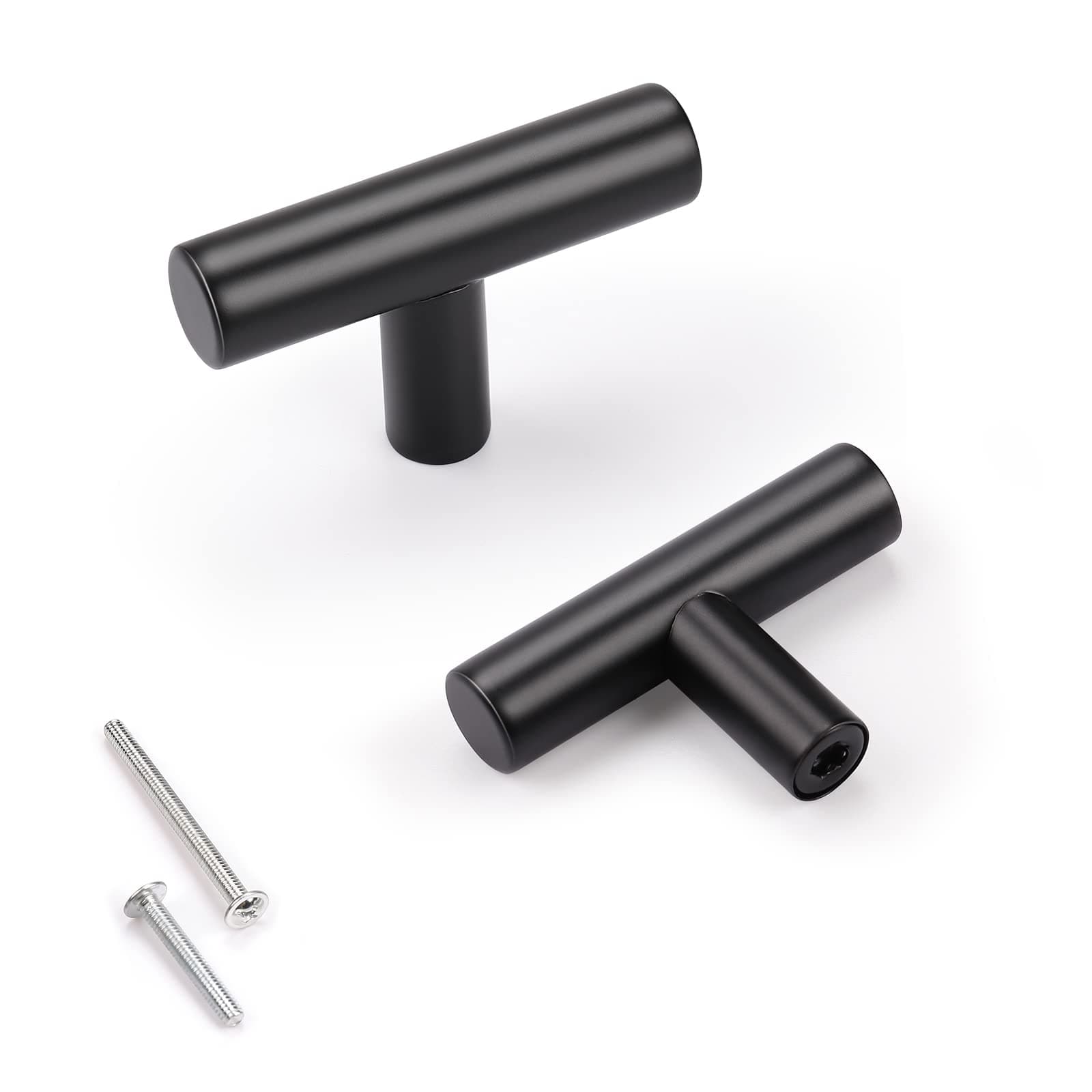 KNOBWELL 25 Pack Black Knobs for Cabinet, T-Shape Single Hole 2 inch (50mm) Matte Black Cabinet Handles and Dresser Drawer Knobs