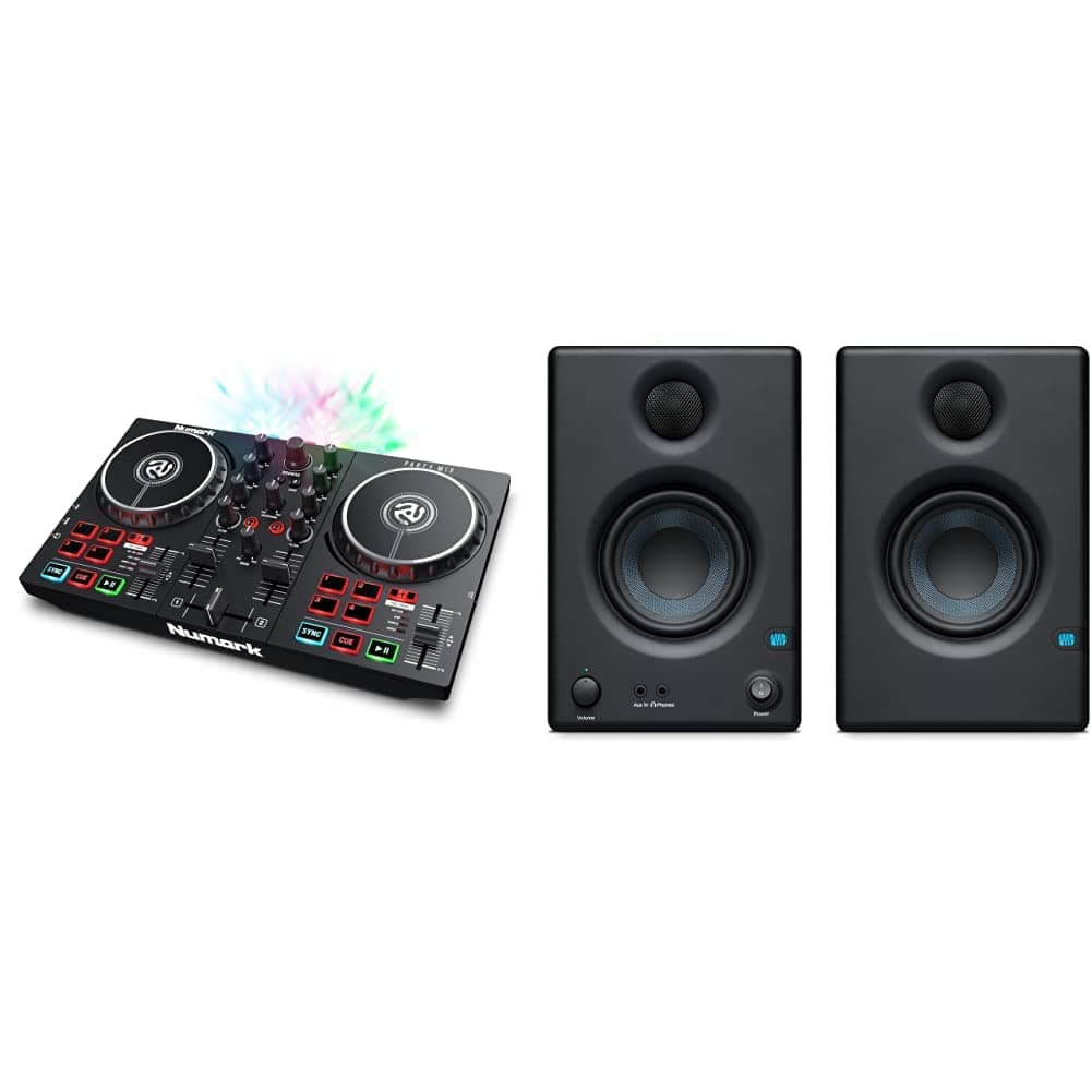 Numark Party Mix II - DJ Controller with Party Lights, DJ Set with 2 Decks & PreSonus Eris E3.5, 3.5 Inch, 2-way, High-Definition Multimedia Studio Monitors (Pair), Black