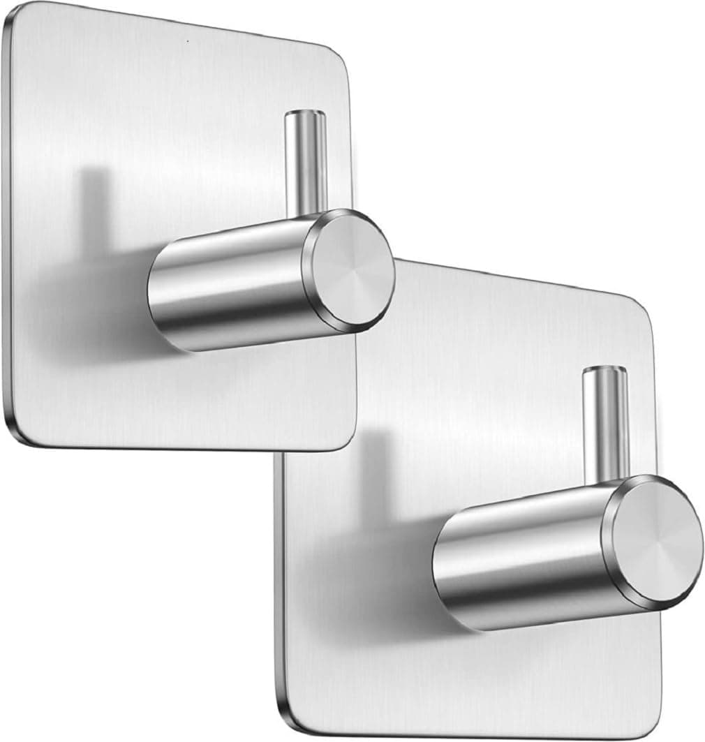 2 Silver Self Adhesive Hooks,Two Pack Stainless Steel Sticky Wall Hooks, Heavy Duty No Nails Hook for Bathroom Accessories, Kitchen Towel Holder, Door Hanger, Coat Hooks, Home Essentials,Stick On