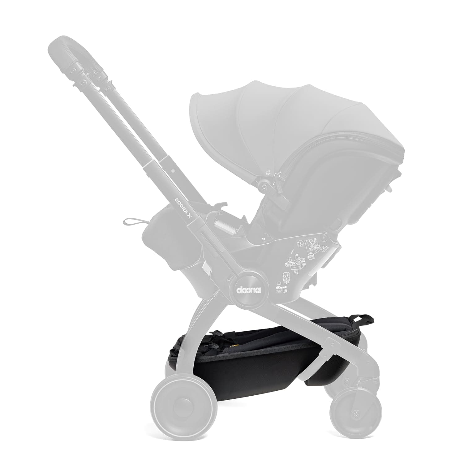 DoonaX Pack & Go Basket, Structured Stroller Organizer, Backpack and Storage Basket with Padded Straps and Back Support, Large Capacity, Easy to Use, Travel-friendly, Compatible with Doona X, Black