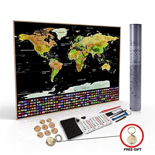 TRAVEL BUCKET LIST Scratch Off Extra Large World Map Wall Poster with Country Flags. Great Gift for Travelers. Size 32.5 x 23.5 Inches. Includes Free Travelers Gift - Keychain and Set of Accessories