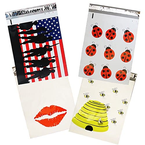 10x13 inch Designer Poly Mailers, Bees, Flags, Lips, Ladybugs (40 Mix Variety Pack) Custom Printed Self Sealing Shipping Poly Envelopes Bag