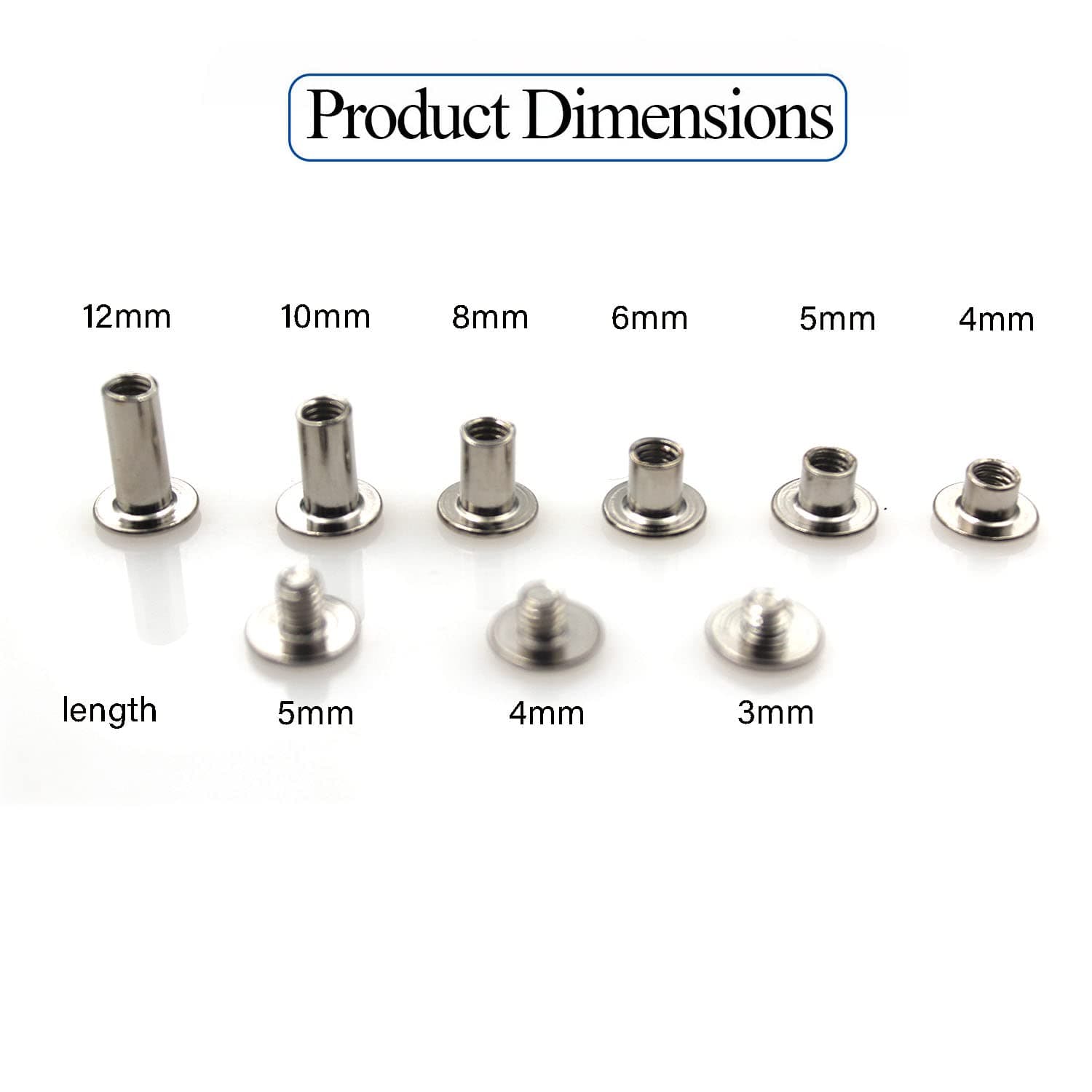 90 Sets Chicago Screws Assorted Kit Leather Rivet DIY Bookbinding Round Flat Head Rivets Screw Contains 6 Sizes of Nuts and 3 Sizes of Screws （Silver）