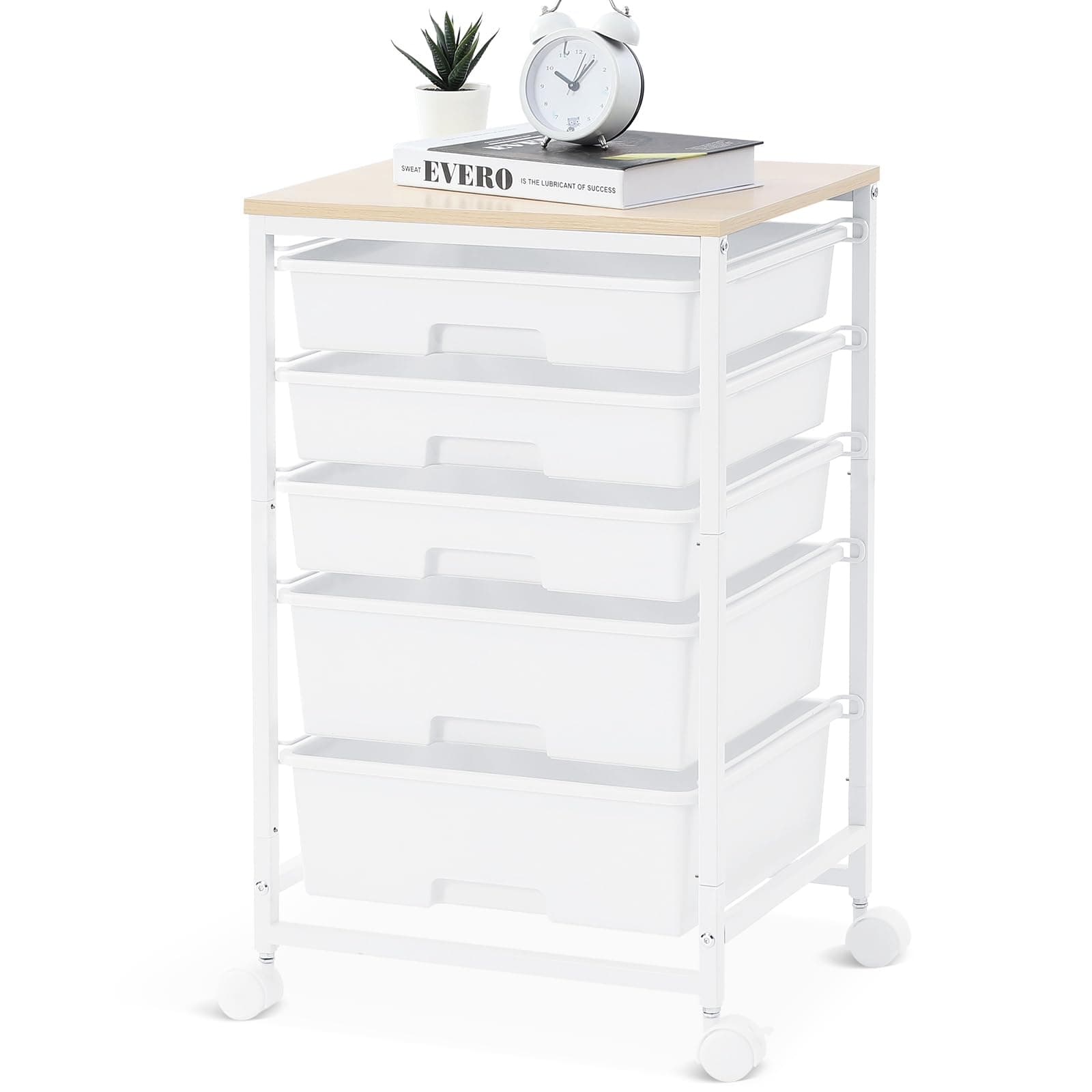 SYKIARIOL Storage Trolley with 5 Plastic Drawers, Rolling Storage Cart on Wheels, Multipurpose Utility Cart Organizer Unit for Living Room,Bedroom,School,Beauty, Easy Movement, White
