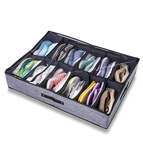 Insel Under Bed Shoe Organizer - Bamboo Charcoal Storage Solution for Shoes & Clothes Under The Bed, Sturdy & Durable Underbed Container Box with 12 Large Bins (Grey)