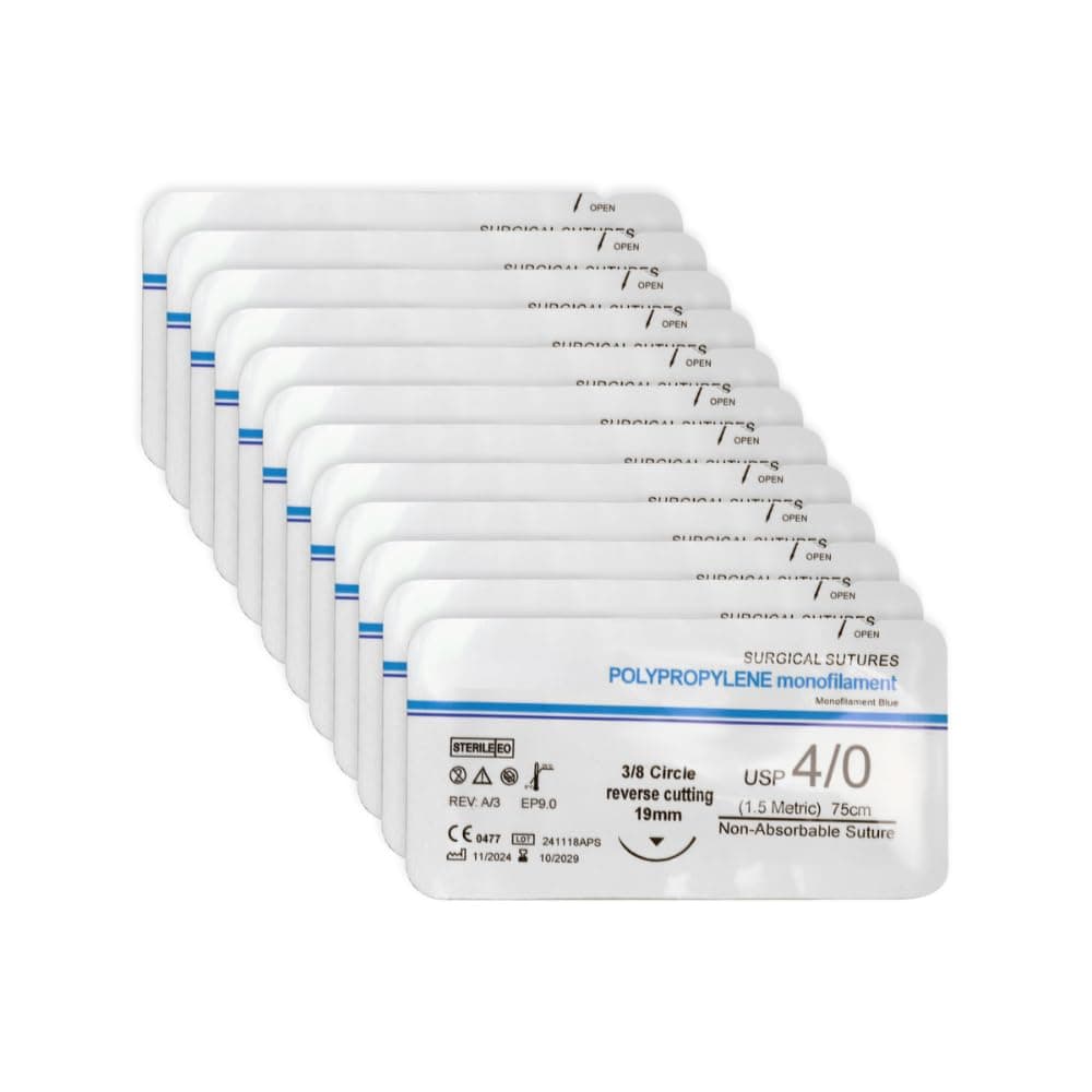 Sterile Polypropylene Suture Thread (Pack of 12) With Needle - Non-absorbable USP 4-0/1.5 Metric | 19mm Reverse Cutting Needle | Suturing Thread | Suture thread for surgery
