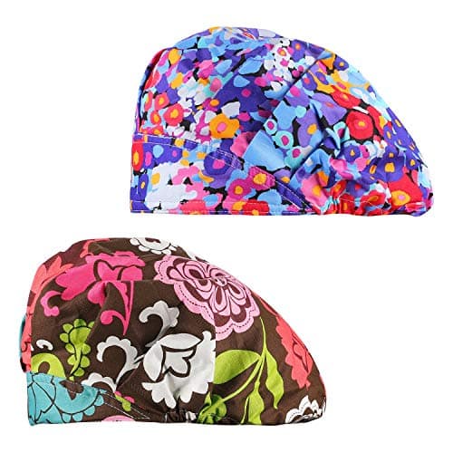 Cascacy 2 Pack Women's Adjustable Cotton Bouffant Cap, Working Hats with Sweatband, Multi Color