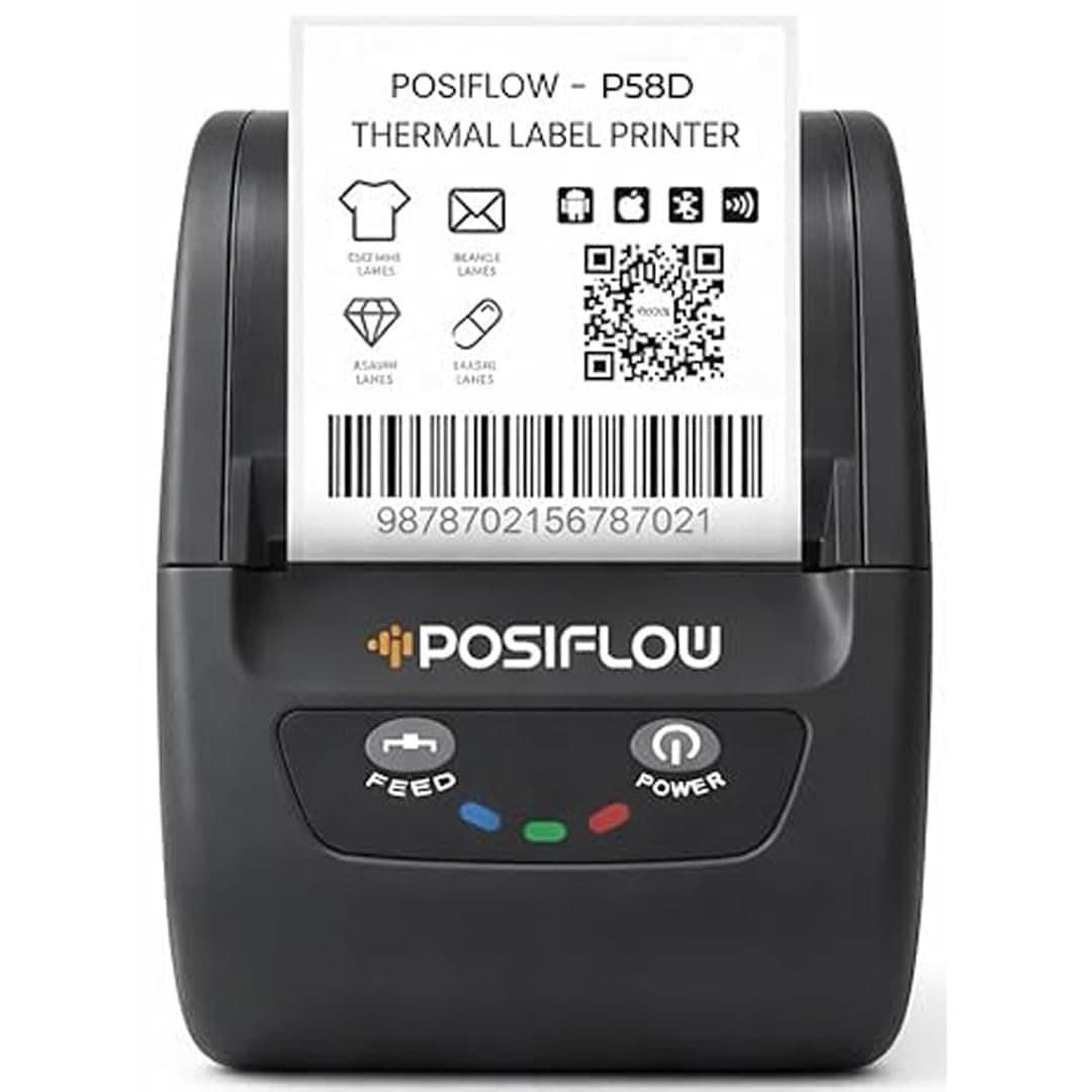 POSIFLOW Bluetooth Label Printer with 203 DPI direct thermal printing, USB+Bluetooth connectivity, Android & Windows compatible. Includes 500 labels. Ideal for shipping, retail, and inventory use. (TagPro)