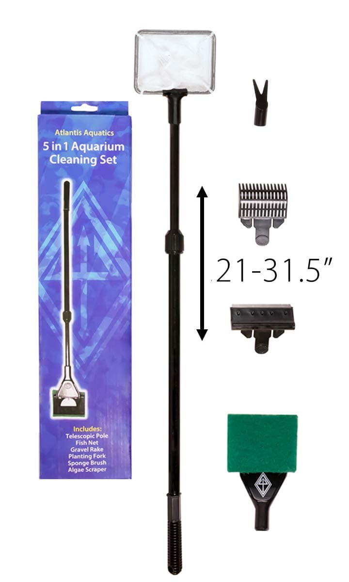 5 in 1 Aquarium Cleaning Tools w/Telescopic Handle - 4 Inch Fish Net Algae Scraper Aquascaping Tool Gravel Cleaner Rake Algae Scrubber (Sponge Brush) - Long Handle Fish Tank Cleaner