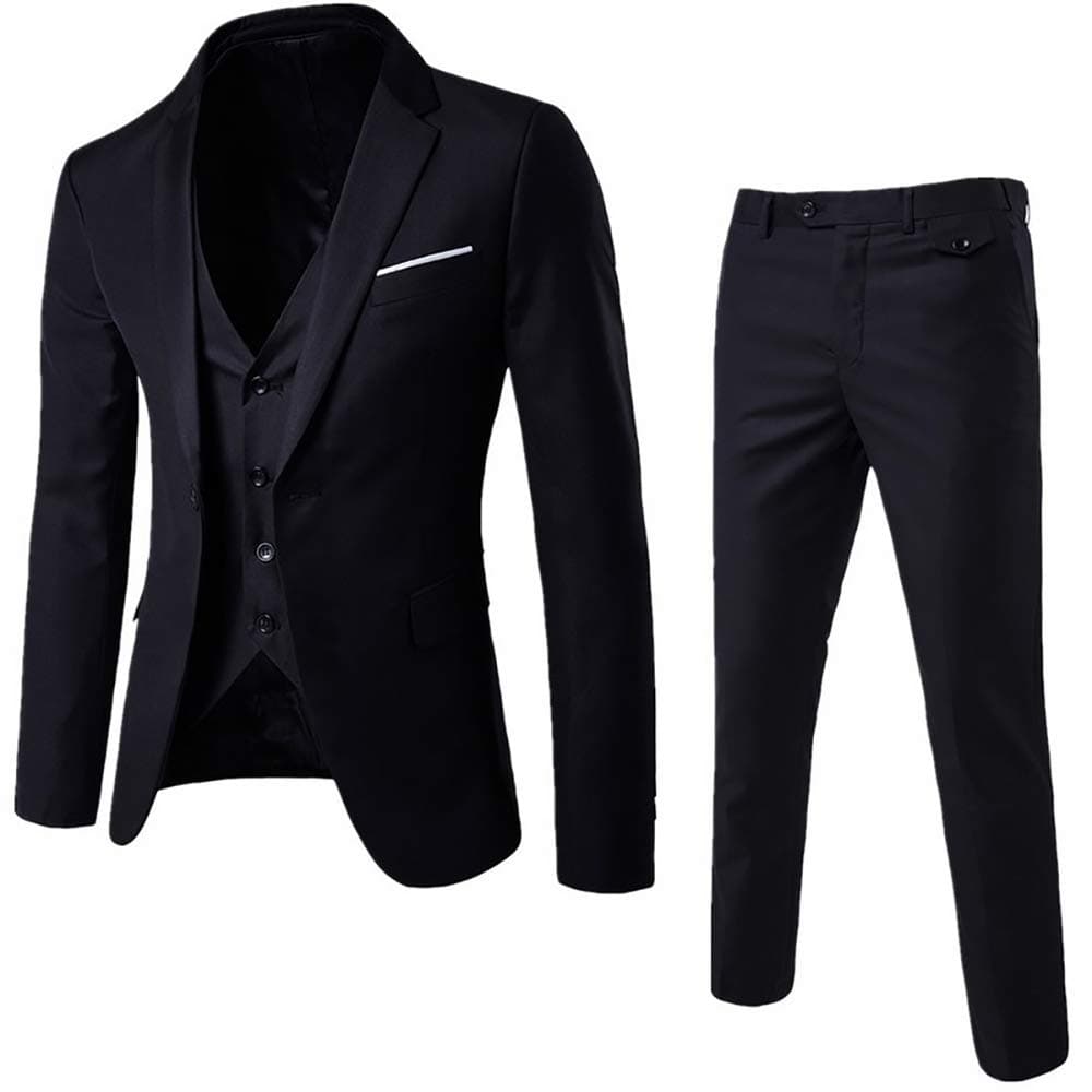 Manooby Mens 3-Piece Slim Fit Solid Color Jacket Suit + Vest + Pants 3 Pieces Sets Business Suits Blazers Jacket