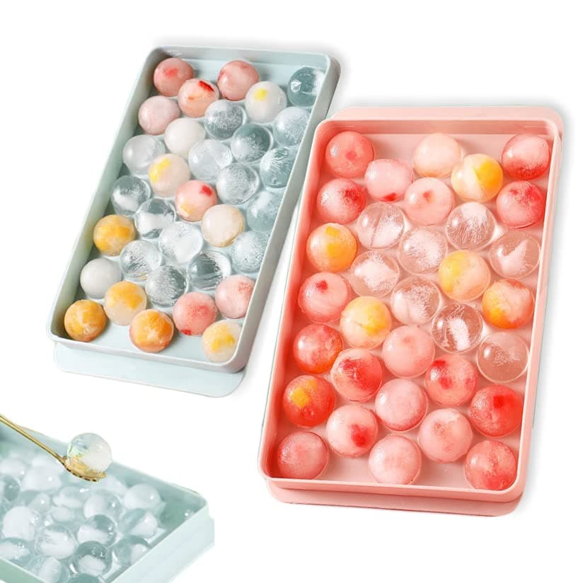 TAME Round Ice Cube Tray with Lid Ice Ball Maker Mold for Freezer, Mini Circle Ice Cube Tray Making Sphere Ice Chilling Cocktail Whiskey Tea Coffee(Pink & Blue)