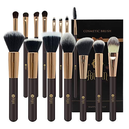 Makeup Brushes,FEIYAN Professional Makeup Brush Set Luxury Super Soft Bristles Synthetic Kabuki Face Foundation Concealer Stippling Blush Eyeshadow Eyebrow Brush Kit With Gift Box (15pcs Coffee Gold)