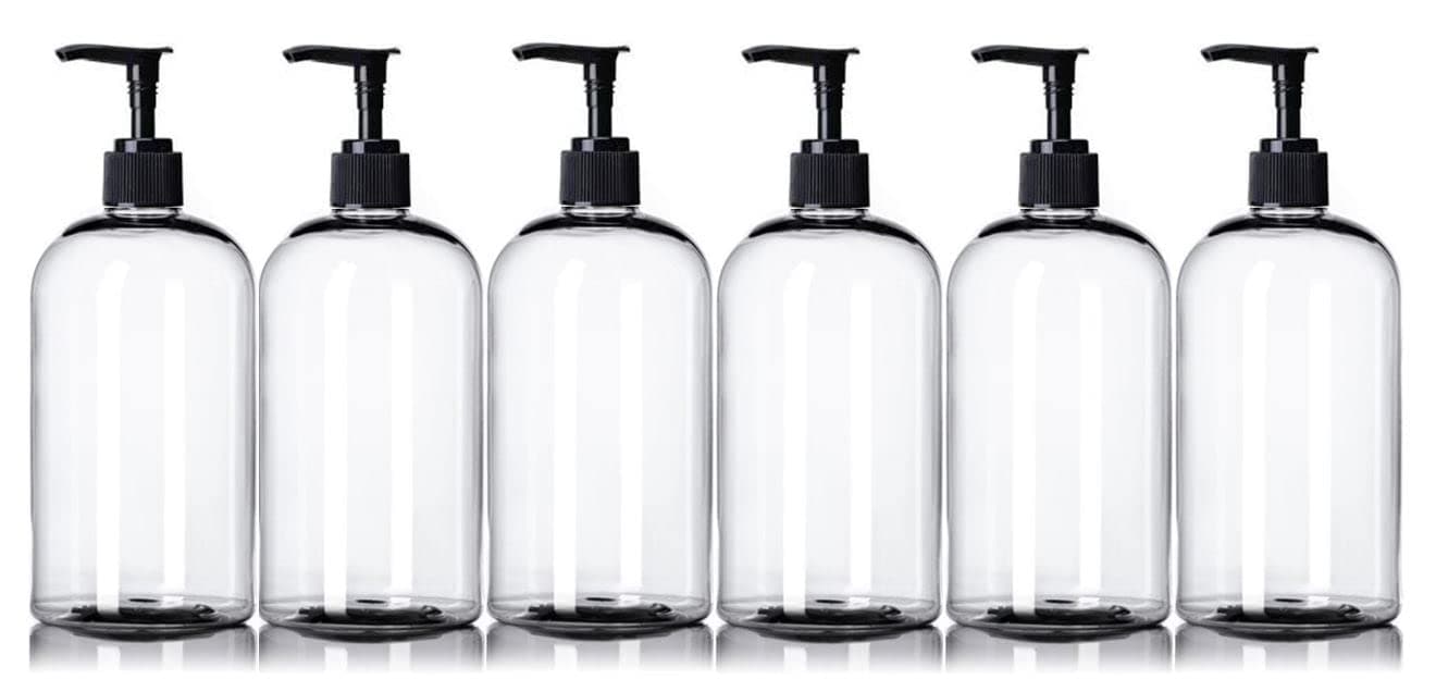 6 Pack 16 oz (500 ml) Boston Round Plastic PET Bottles with Black Lotion Pump Dispensers | Made in USA | MountainLeaf (Clear Bottle Without Label)