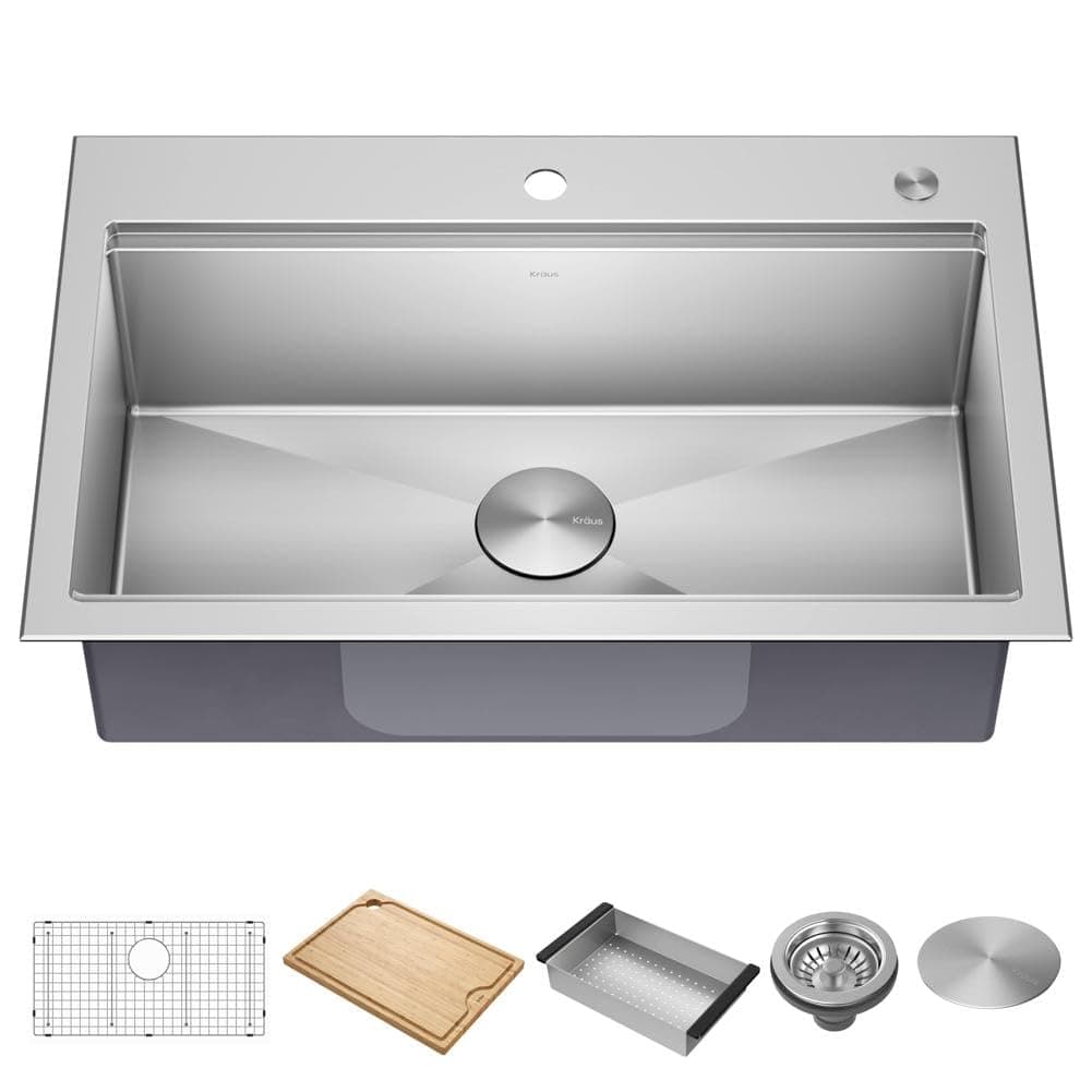 Kore 32-Inch Drop In/Undermount Workstation 18 Gauge Single Bowl Stainless Steel Kitchen Sink with Accessories, KWT300-32