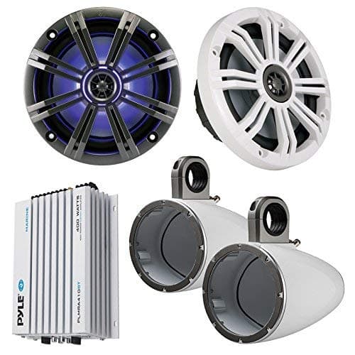 Marine Speaker Package 2x Kicker KM654LCW 6.5" LED Light Marine Boat Audio Speakers Bundle Combo With Kicker KMTEDW 6"-6.5" Dual Wakeboard Tower Enclosures + Waterproof Bluetooth 400 Watt Amplifier