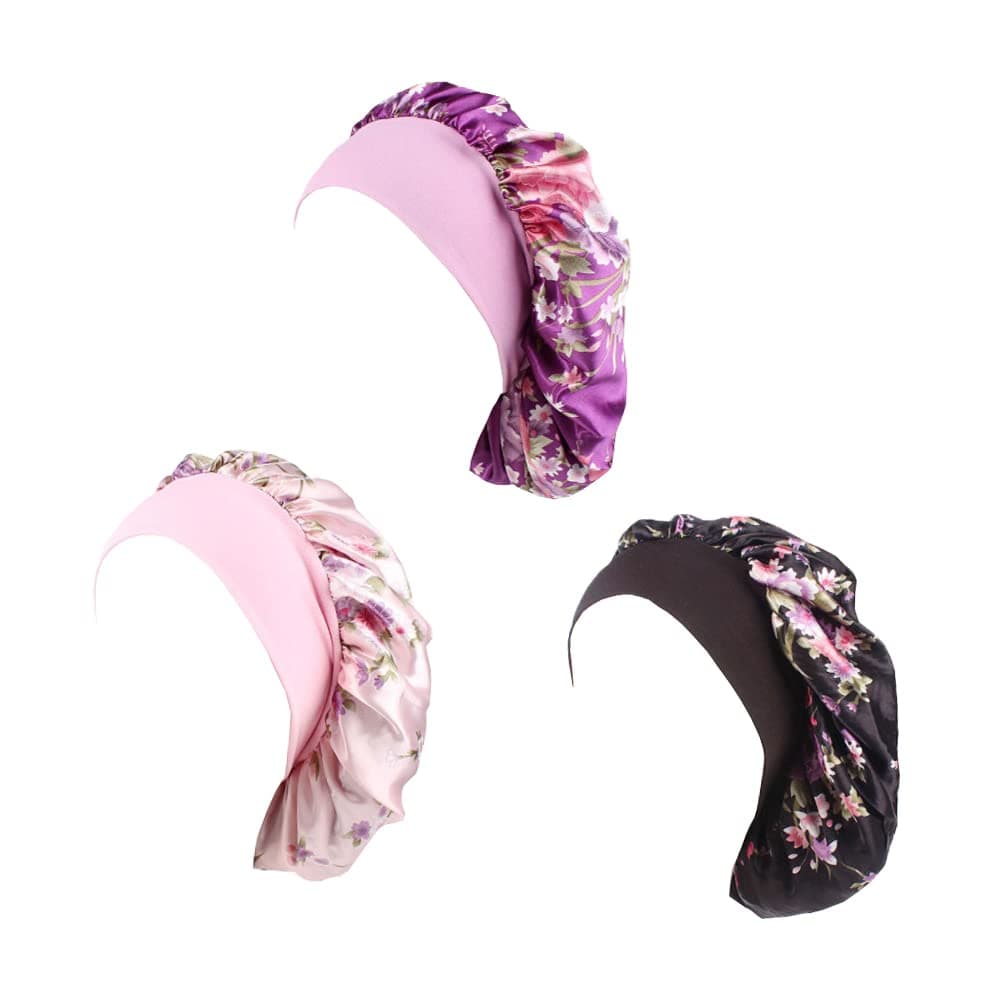 3 Packs Soft Satin Cap Comfortable Wide Band Sleeping Cap Luxury Satin Salon Bonnet for Women and Girls