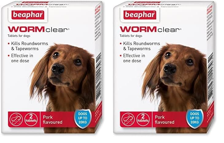 Beaphar WORMclear Tablets for Dogs, Kills all Common UK Intestinal Worms (Roundworms and Tapeworms), Vet Strength Treatment, Pork-Flavoured, 2 Tablets, Up to 20 kg (Pack of 2)