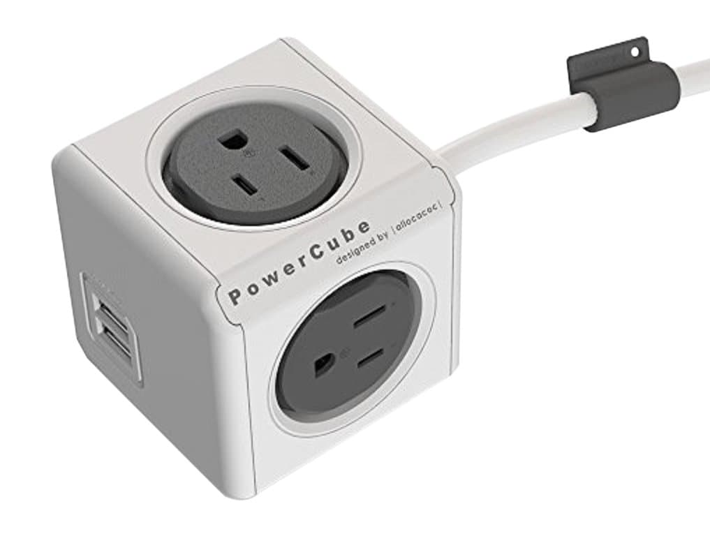 PowerCube Extended 4 Outlet Power Adapter with USB Port , 5 Foot Cord - Trolley Grey