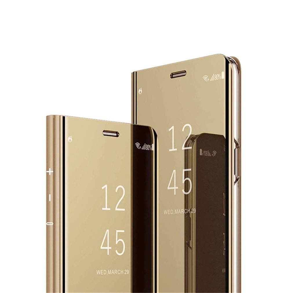 COTDINFOR Mirror Makeup Compatible with Samsung Galaxy S10+/S10 Plus Phone Case Clear View Standing Cover Flip Folding Kickstand Protective Bumper Case for Galaxy S10 Plus Mirror PU Gold MX.