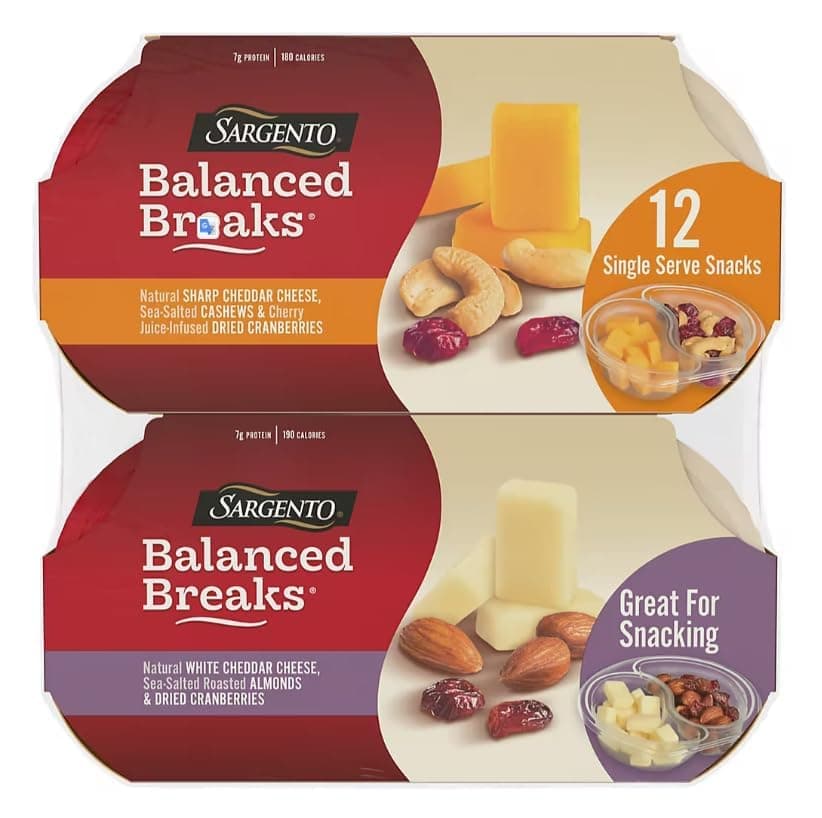 Sargento Balanced Breaks Cheese and Crackers Variety Pack - 6 pck - White Cheddar Cheese with Almonds, Cranberries - 6 pck - Sharp Cheddar Cheese with Cashews and Cranberries