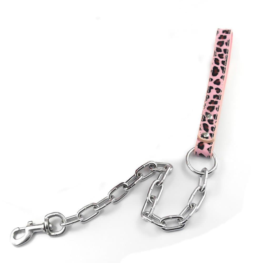 Pink Leopard 2Ft Chrome Chain Dog Leash with Leather Hand Strap Heavy Duty Training Pet Doggy Doggy Leads Size : M