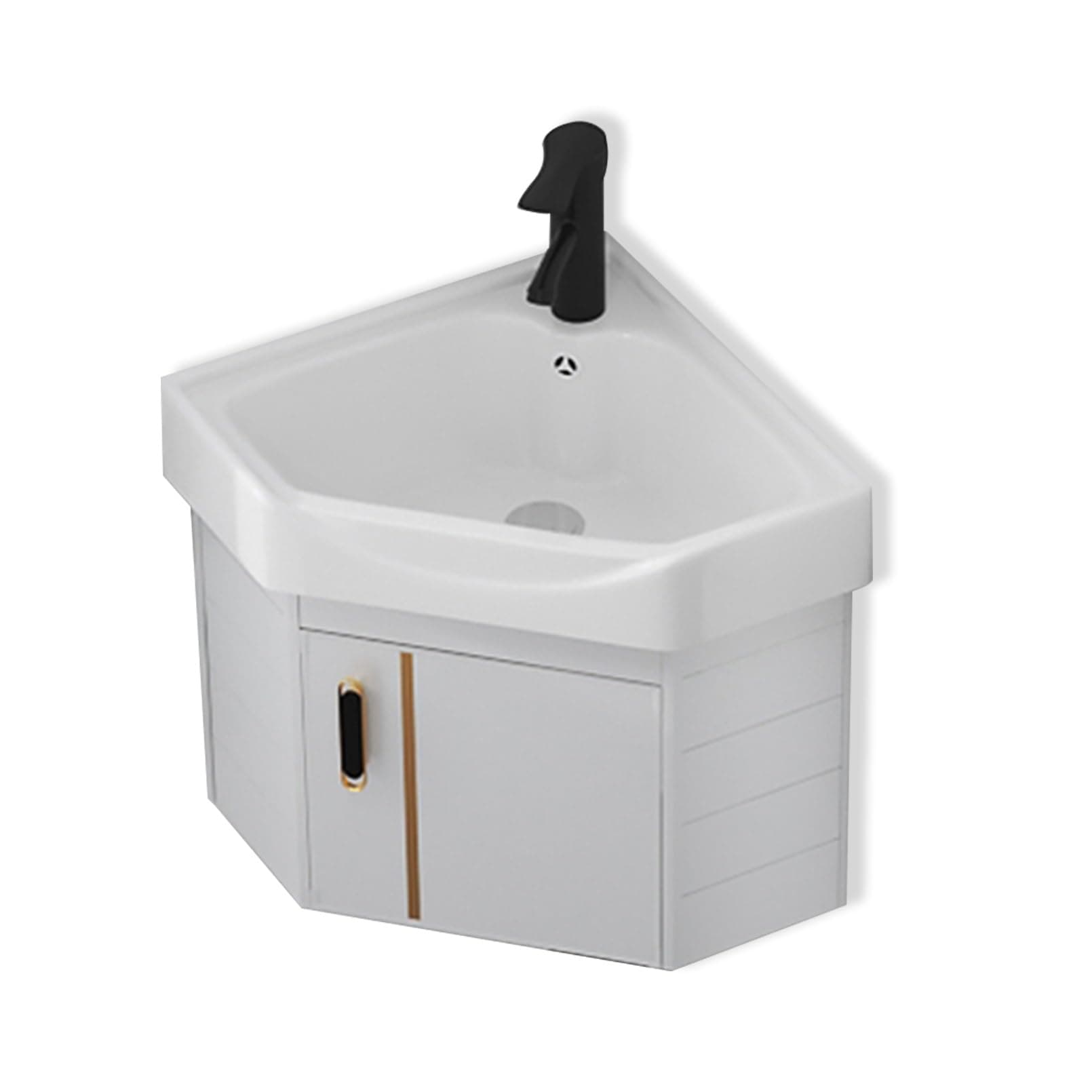 Wall Mounted Corner Washbasin, 15 Inch Ceramic Basin with Tap and Waste, Compact Bathroom Cabinet Ideal for Small Spaces, Modern Design on Floating Pedestal