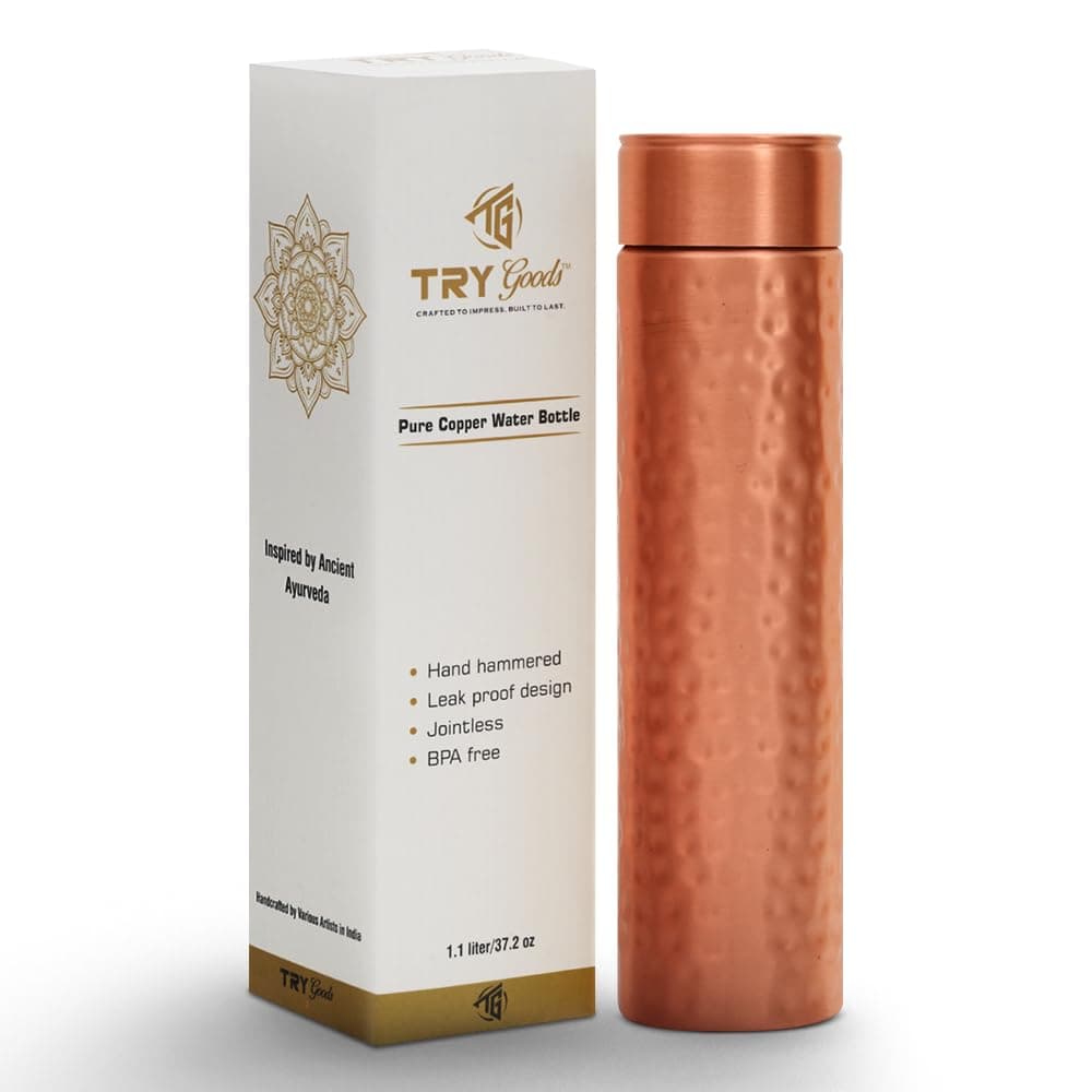 Copper Water Bottle - 37.2 OZ/1.1 L Large Handmade Hammered Pure Copper Vessel for Drinking Leak Proof Durable Easy to Carry Ideal for Home Travel Office Use