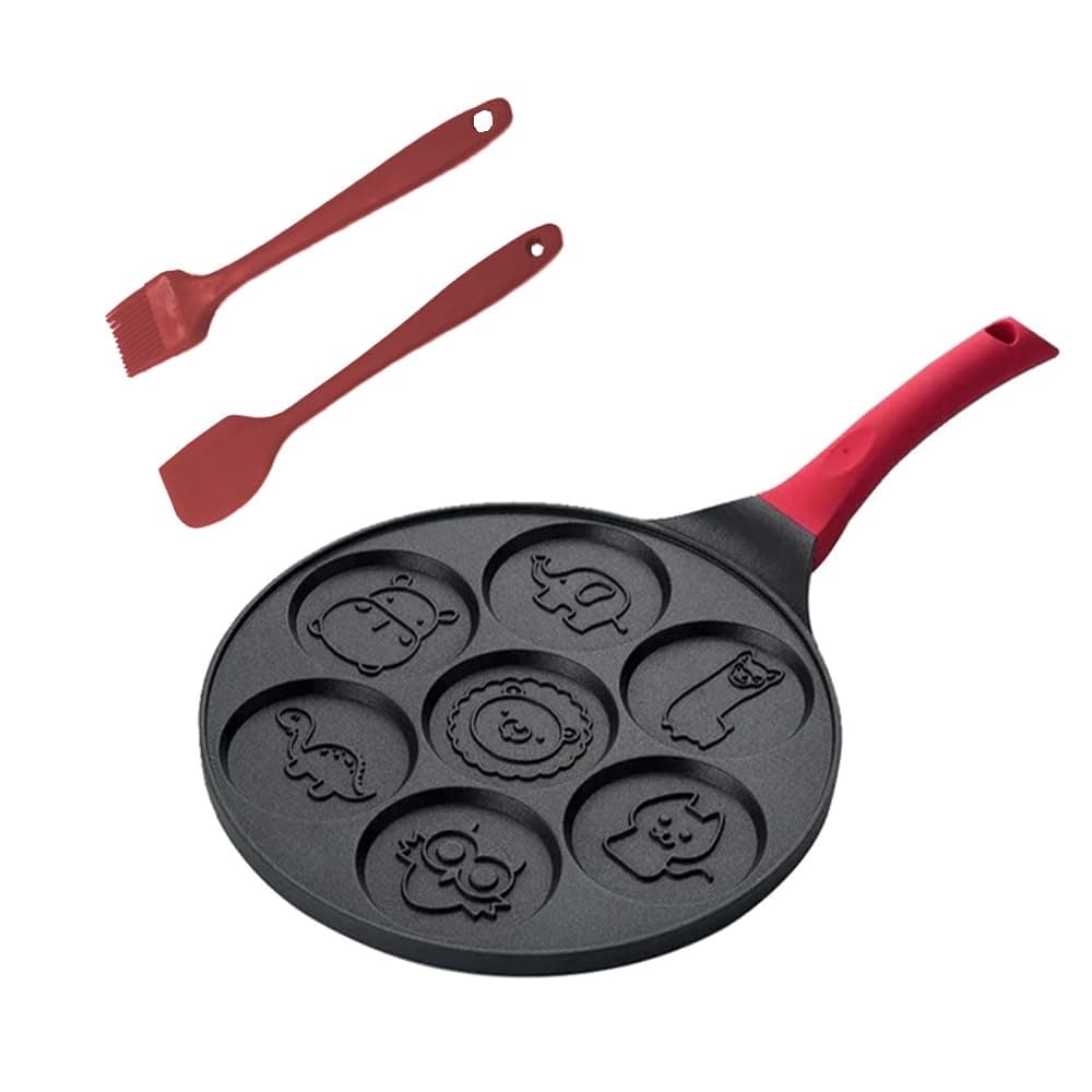 TOMVAESPancake Pan Nonstick, Seven-Hole Fried Egg Pan Cute Pancake Mold with 7 Animal Breakfast Pot Pattern Waffle Maker Grill Pan Mini Crepe Maker with Oil Brush and Scraper (black）