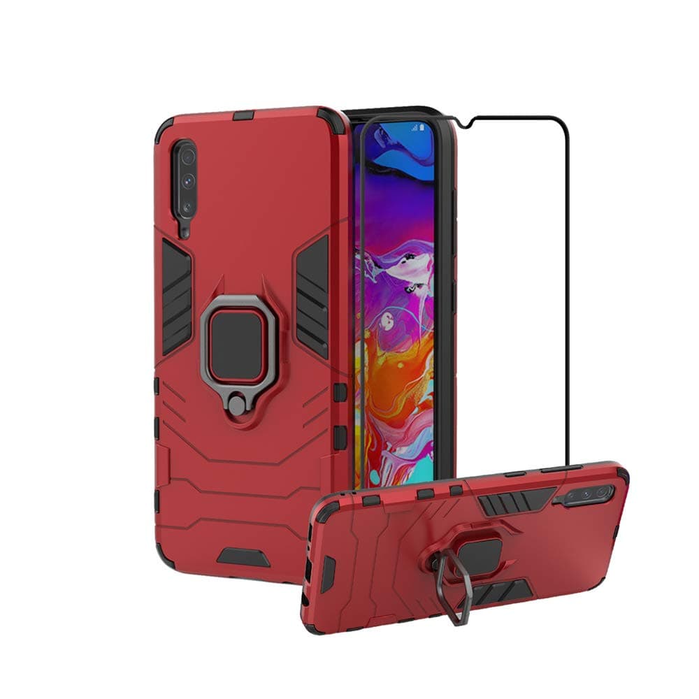 Defender Kickstand Armor Case with Tempered Glass Screen Protector for Samsung Galaxy A70 Plus (Red)