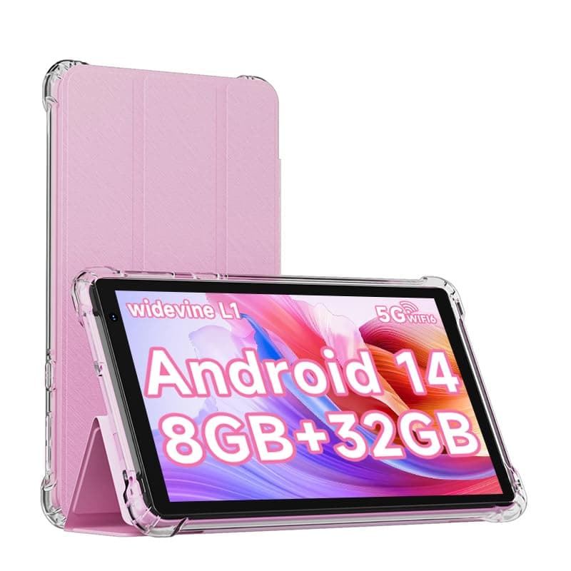 IWEGGO Android 14 Tablet with Case, 7 Inch 8GB RAM+32GB ROM/ 1TB Expandable Computer, 5MP Camera Tablets, 1.6Ghz Quad-core Processor, 3000mAH Battery Tablet PC, 5G WiFi, Games 7'' Android Laptop Pink