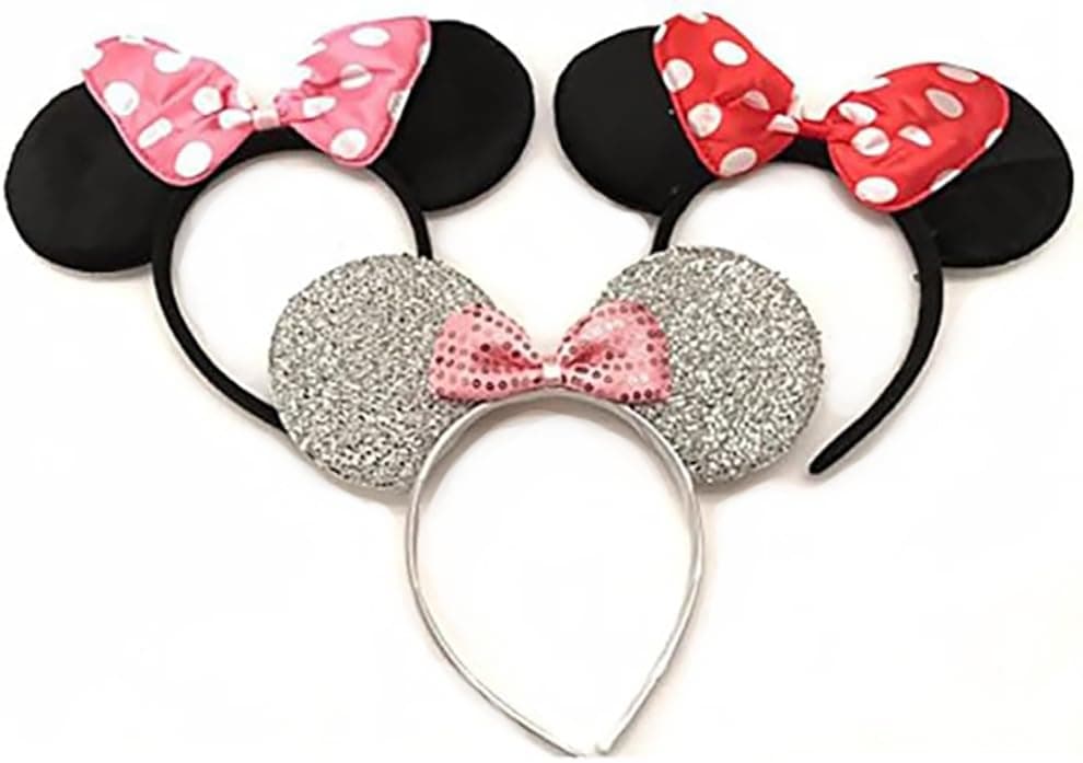 3 Minnie Mouse Black Red Pink Silver Bow-Mickey Mouse Ears Headband Costume