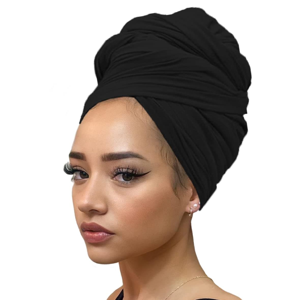 Stretch Jersey Turban Head Wraps Long Solid Color African Shawl Hair Scarfs Lightweight Breathable Head Bands Ties for Black Women(Black)