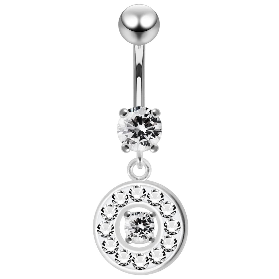 Round CZ Crystal Gemstone with Multi Crystal Round Dangling 925 Sterling Silver Belly Ring Body Jewelry