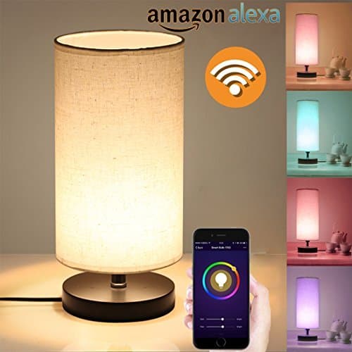 Alexa Smart Wi-Fi Table Lamp, Creative Circular Cloth Art Wood Linen Cloth Desk Lamp, Change Any Color LED Light, Compatible with Alexa Echo, Smartphone