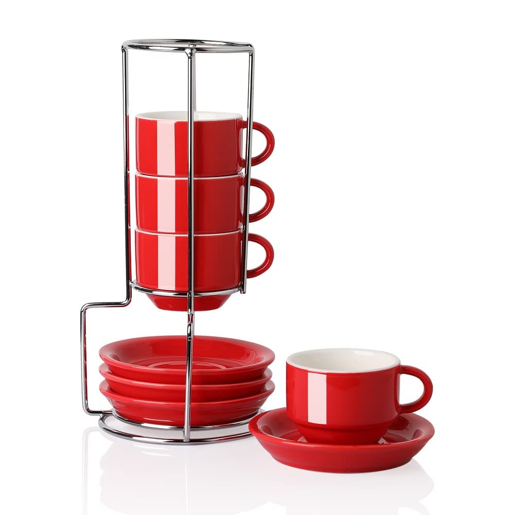 Sweejar Porcelain Espresso Cups with Saucers, 2.5 Ounce Stackable Cappuccino Cups with Metal Stand for Coffee Drinks, Latte, Tea - Set of 4 (Red)