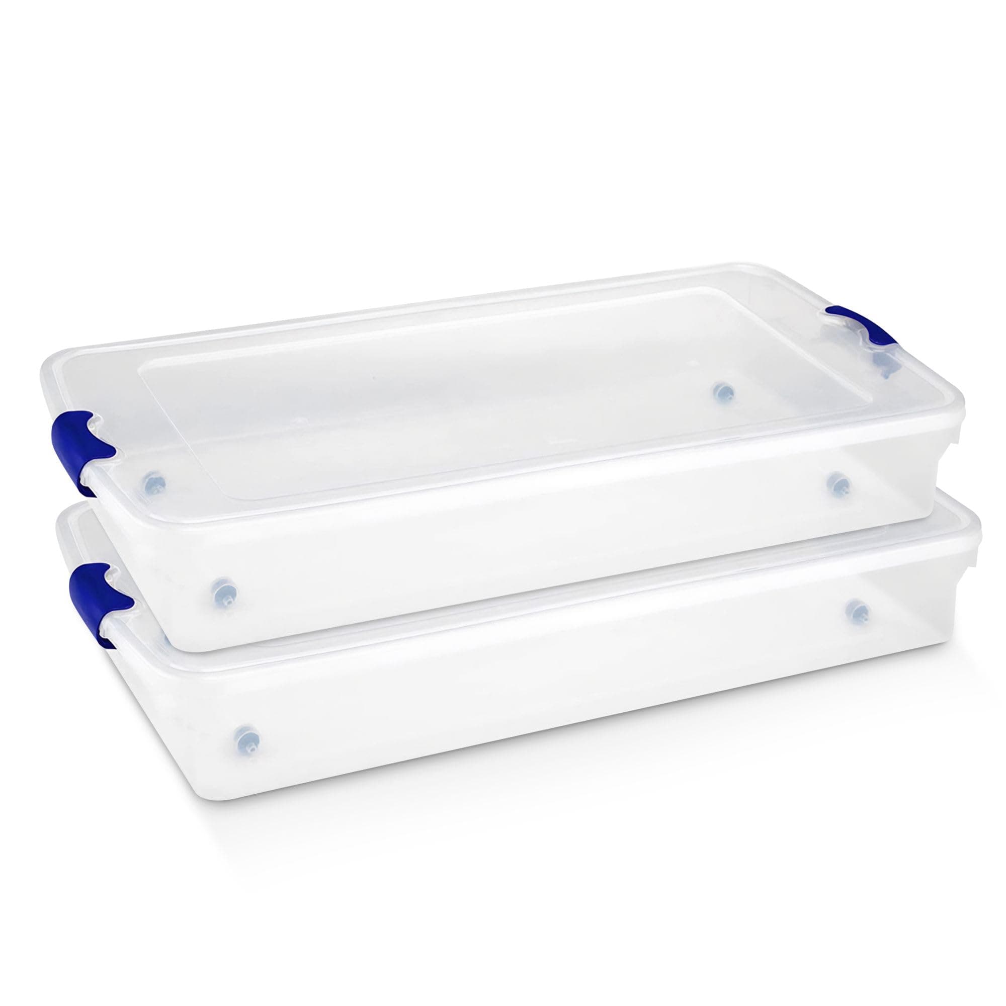 HOMZ 2-Pack Under Bed Storage, Clear Plastic Containers with Lids, 60 Quart, Blue Latch - Stackable Underbed Organizer Bins for Shoes, Bags, Clothes, and Towels