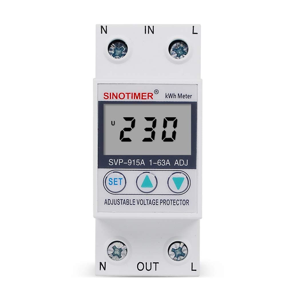 SINOTIMER SVP-915A Single Phase 63A Din Rail LCD Display Adjustable Voltage Protector Protective Device with Over Load Current Protection and Wattmeter