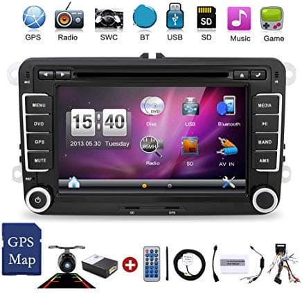 7 Inch Double Din Car Stereo Head Unit Compatible for VW Golf Skoda Seat Polo Passat Tiguan Jetta EOS Support GPS USB SD FM AM RDS Bluetooth SWC Wince 6.0 with 8GB Map Card+Canbus+Backup Camera