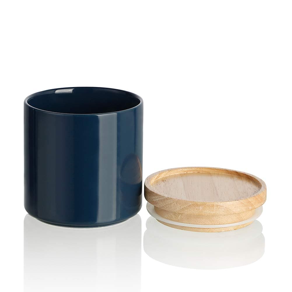 Kitchen Canisters Ceramic Food Storage Jar, Stackable Containers with Airtight Seal Wooden Lid for Serving Ground Coffee, Tea, Sugar, Salt and More - 16 Fl Oz (Navy New)