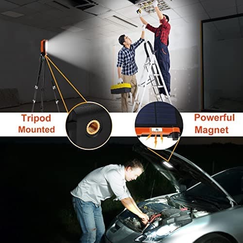 USB & Solar Rechargeable Work Light Equivalent 80W, 3000Lumen 4 Modes Portable Floodlight 10000mAh Battery Power Bank, Camping Light Magnetic for Tent Car Repairing Hiking Fishing Emergency Power Cuts