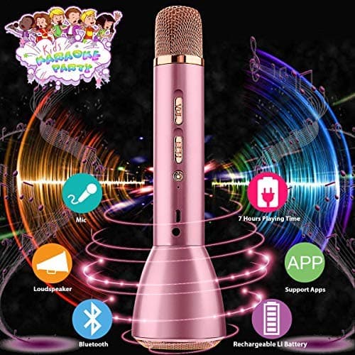 Wireless Kids Karaoke Microphone with Speaker, Portable Bluetooth Microphone Child Karaoke Mic Machine for Kids Adult Singing Party Music Playing, Support Android iOS Smartphone PC-Pink