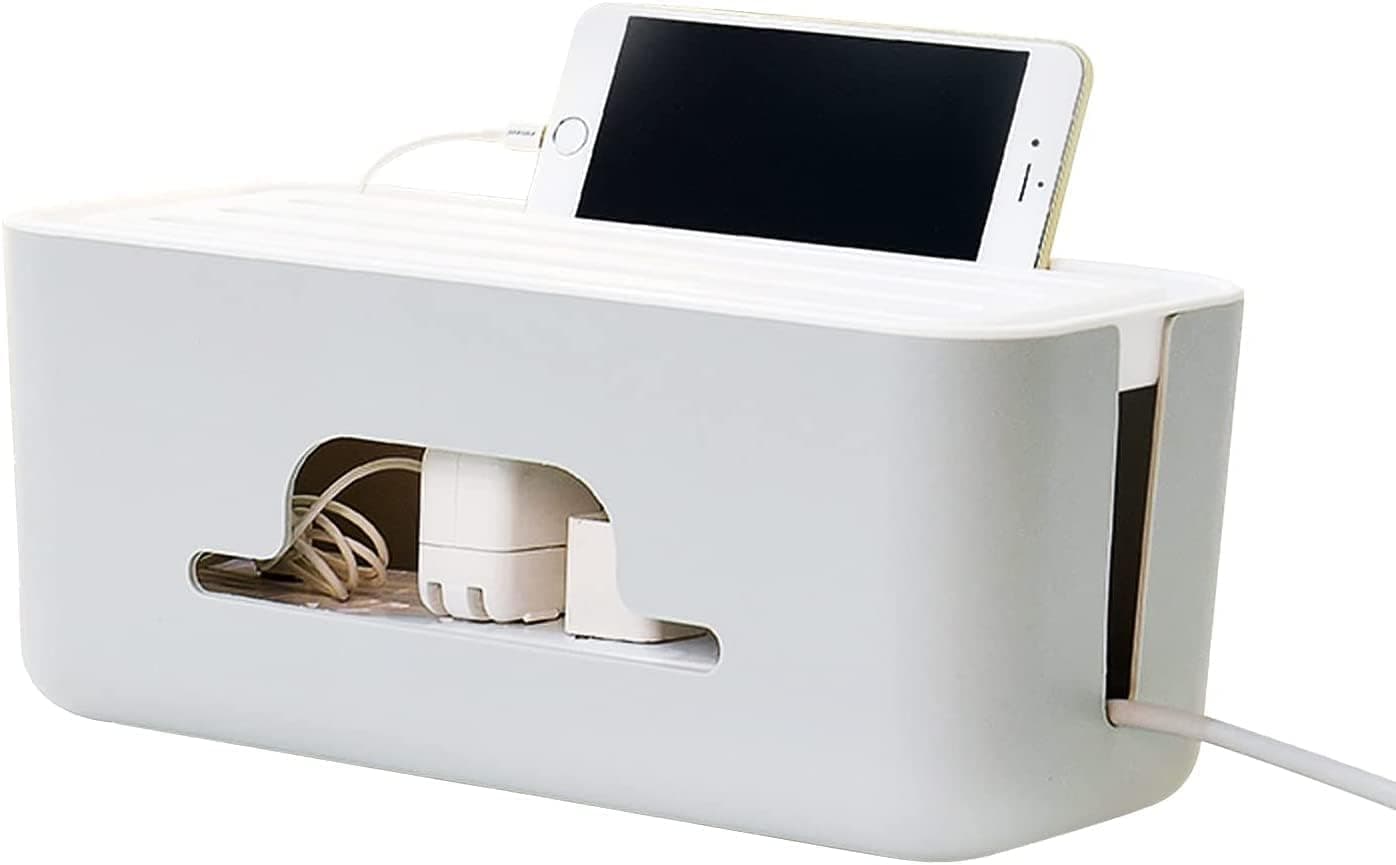 Necomi® Advanced Cable Management Box Extension Floor Cord Organizer Box with Slotted Top for Phones, Tablets | Surge Protection for Home and Office | High Utility (White)