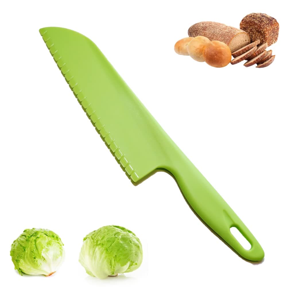 jawbush Professional Lettuce Knife, 11" Serrated Salad Cutter for Veggies, Fruit, Bread, Cake, Salad, Plastic Kitchen Nylon Knife for Cooking and Cutting to Prevent Turning Brown, Green