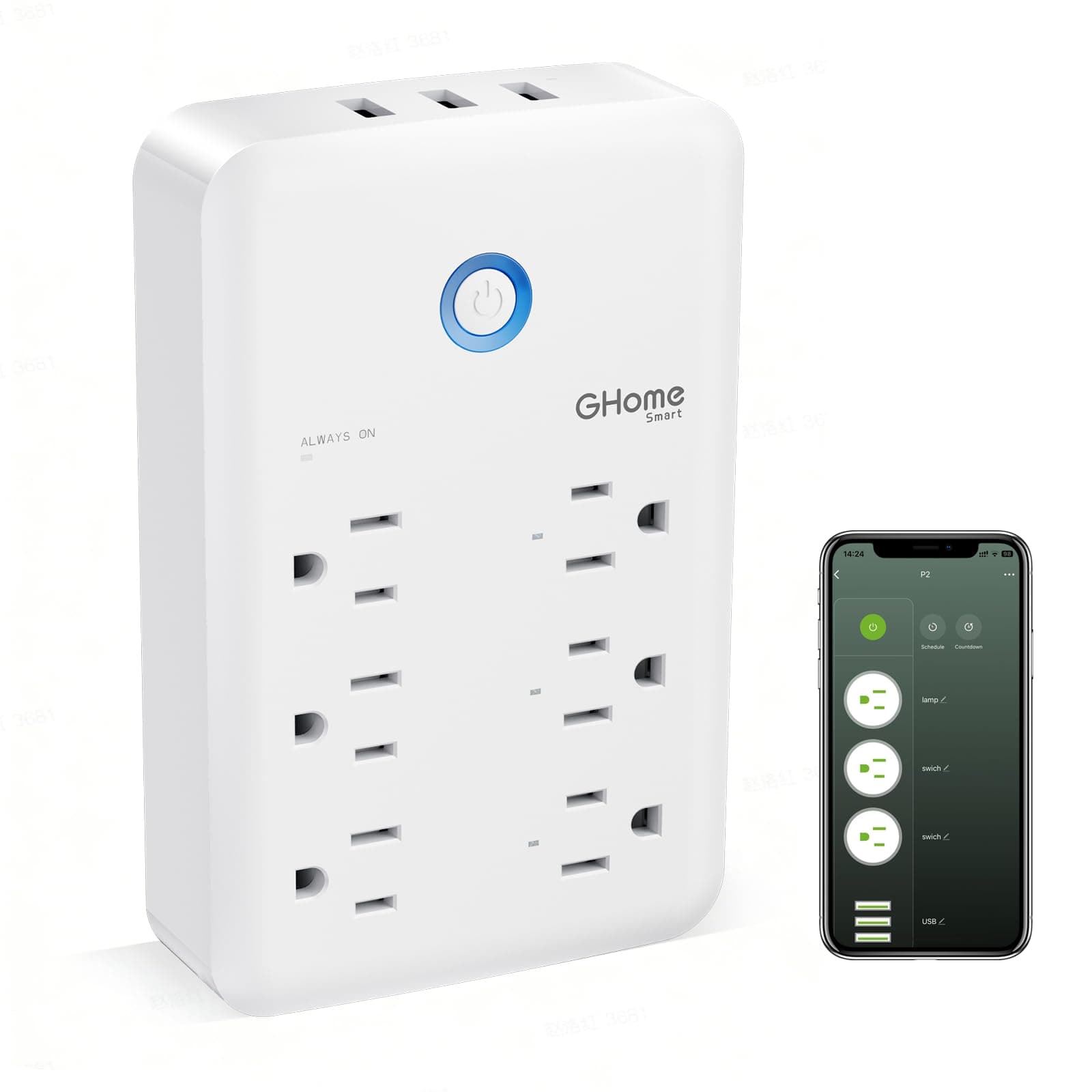 GHome Smart Plug Outlet Extender, USB Wall Charger with 3 Individual Smart Outlets and 3 Smart USB Ports, Works with Alexa Google Home, Surge Protector Plug Extender for APP Control,15A/1800W