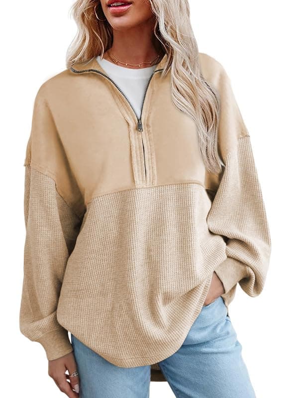 Womens Fall Sweatshirt Casual Waffle Knit Half Zip Pullover Loose Long Sleeve Tops