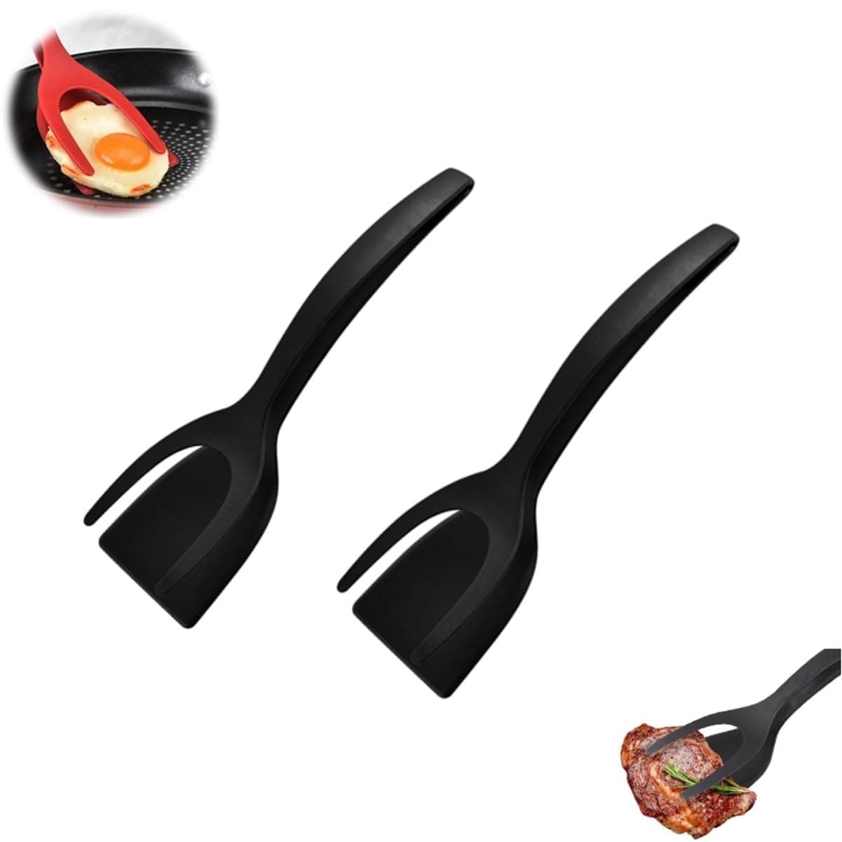 2 in 1 Spatula Tong Egg Spatula Fried Egg Flipper Spatula Non-Stick Turners Fish Pancake French Toast Omelet Making Tool for Home Kitchen Cooking Baking (Black,2 Pcs)