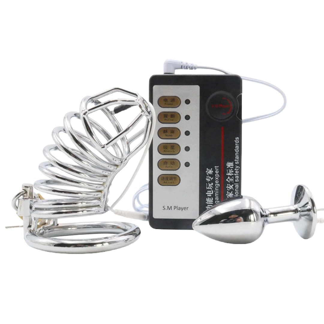 Electric Shock Anal Plug and Chastity Lock with Chastity Cage Metal Anal Plug Combination Set Adjustable Shock Chastity Cage Plug Electric Male Lock Ring for Adult Men Sex Toys
