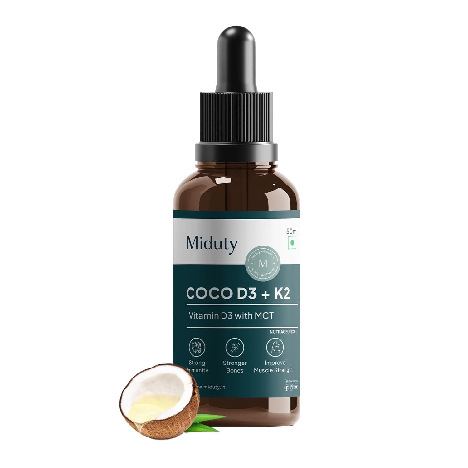 Miduty Coco D3 + K2 – Vitamin D3 Oral Solution 600 IU – Cholecalciferol Vitamin D3 Drops with MK-7 – Support Strong Bones, Muscles & Joints - More Calcium Absorption – Calcium supplement for Women & men – 50 ml