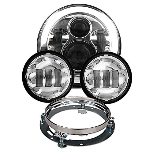 Chrome Harley Daymaker 7 Inch Round LED Headlight with Matching Chrome 4.5 Inch LED Passing Lamps Fog Light for Harley Davidson Daymaker Motorcycles with Adapter Ring