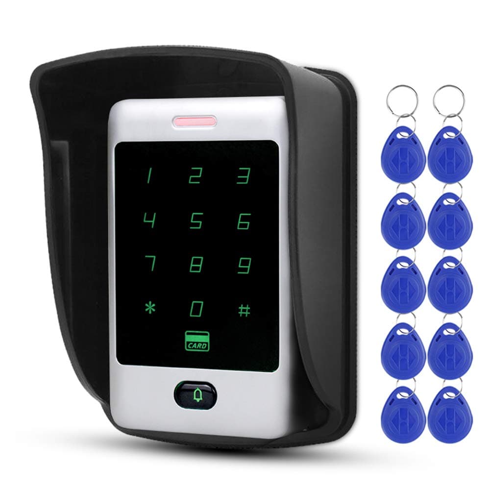 HFeng Standalone Access Control System RFID Keypad Metal Touch Waterproof Cover + 10pcs EM Keyfobs Tags for Door Lock Security System WG26/34 8000 Users Cards